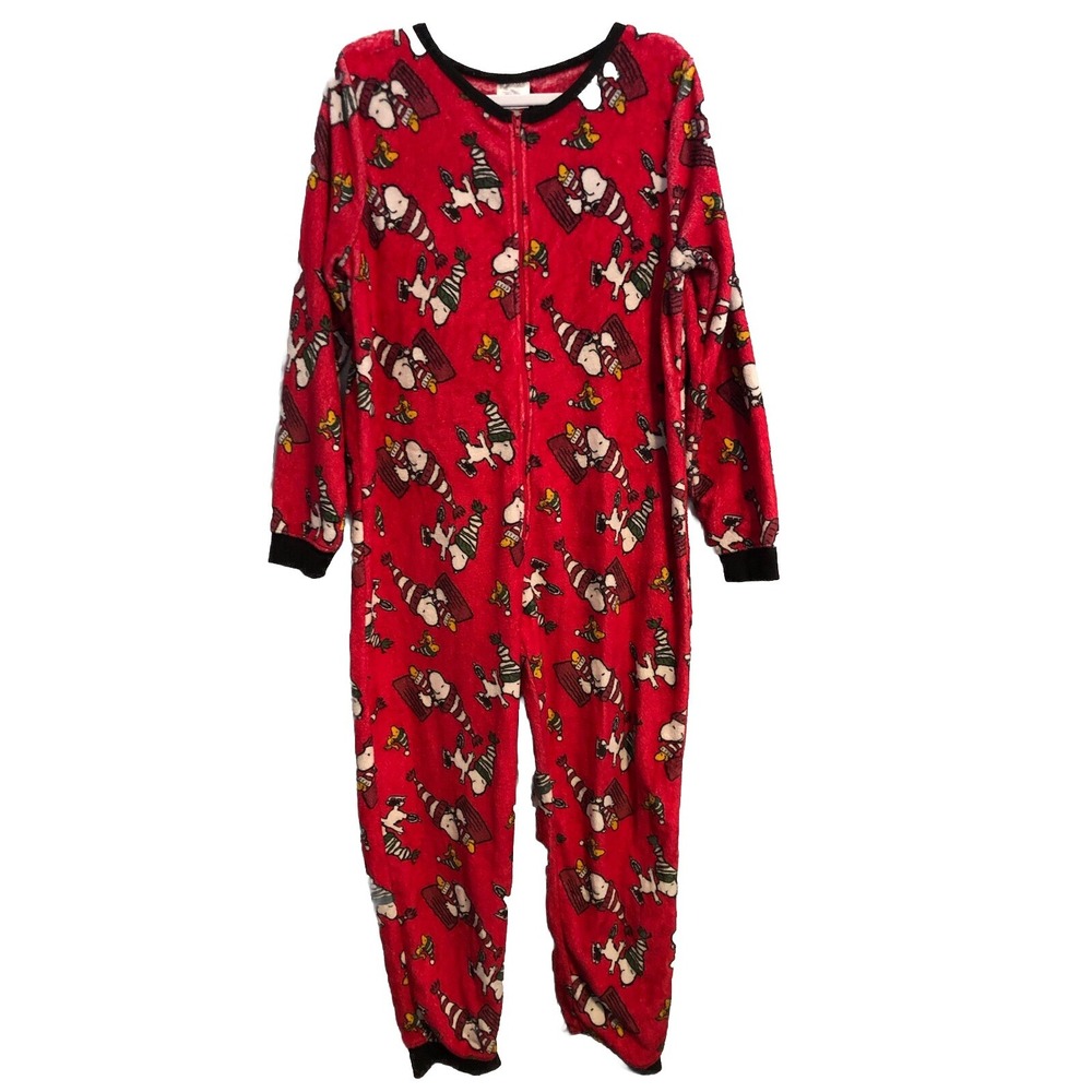 Peanuts Snoopy Christmas Pajamas Womens M One Piece Union Suit Fleece Sleeper